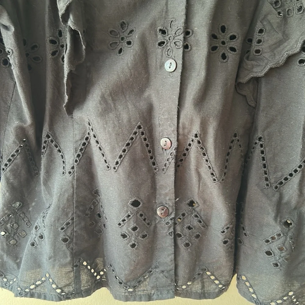 Rebellion Black Eyelet Puff Sleeve Button Front Top - Picture 6 of 8